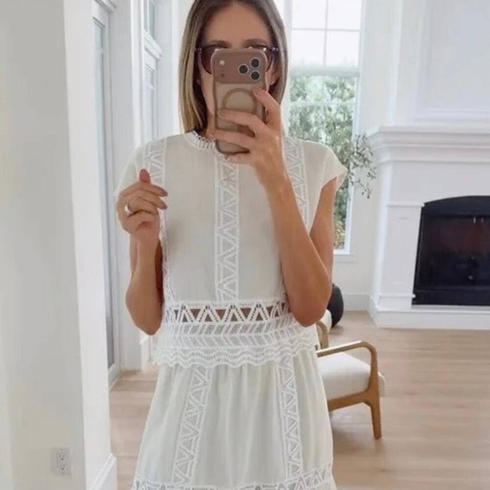 Boho Ivory Crochet Lace Blouse Geometric Cutout Crop Cottagecore Top
